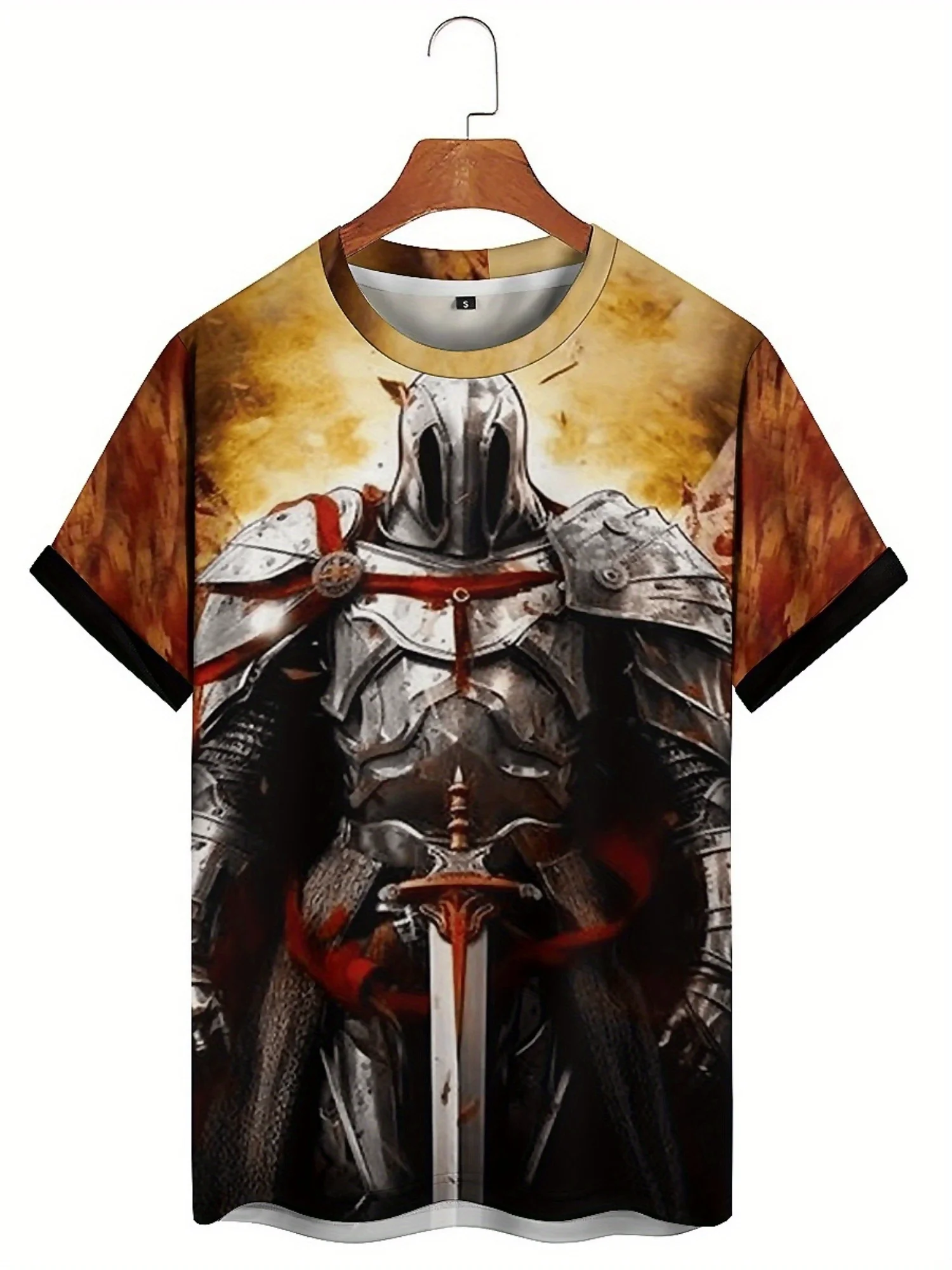 Kaos Grafis Perisai & Pedang Ksatria Bergaya Pria - Kaos Lengan Pendek Bernapas dan Nyaman untuk Olahraga Luar Ruangan & Pakaian Kasual