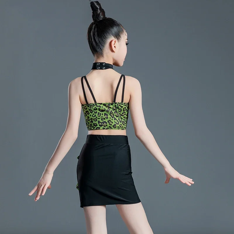 Girls Leopard Latin Kids Competition Dance Clothes Top Skirt Ballroom Dance Competition Costume Stage Performance Wear