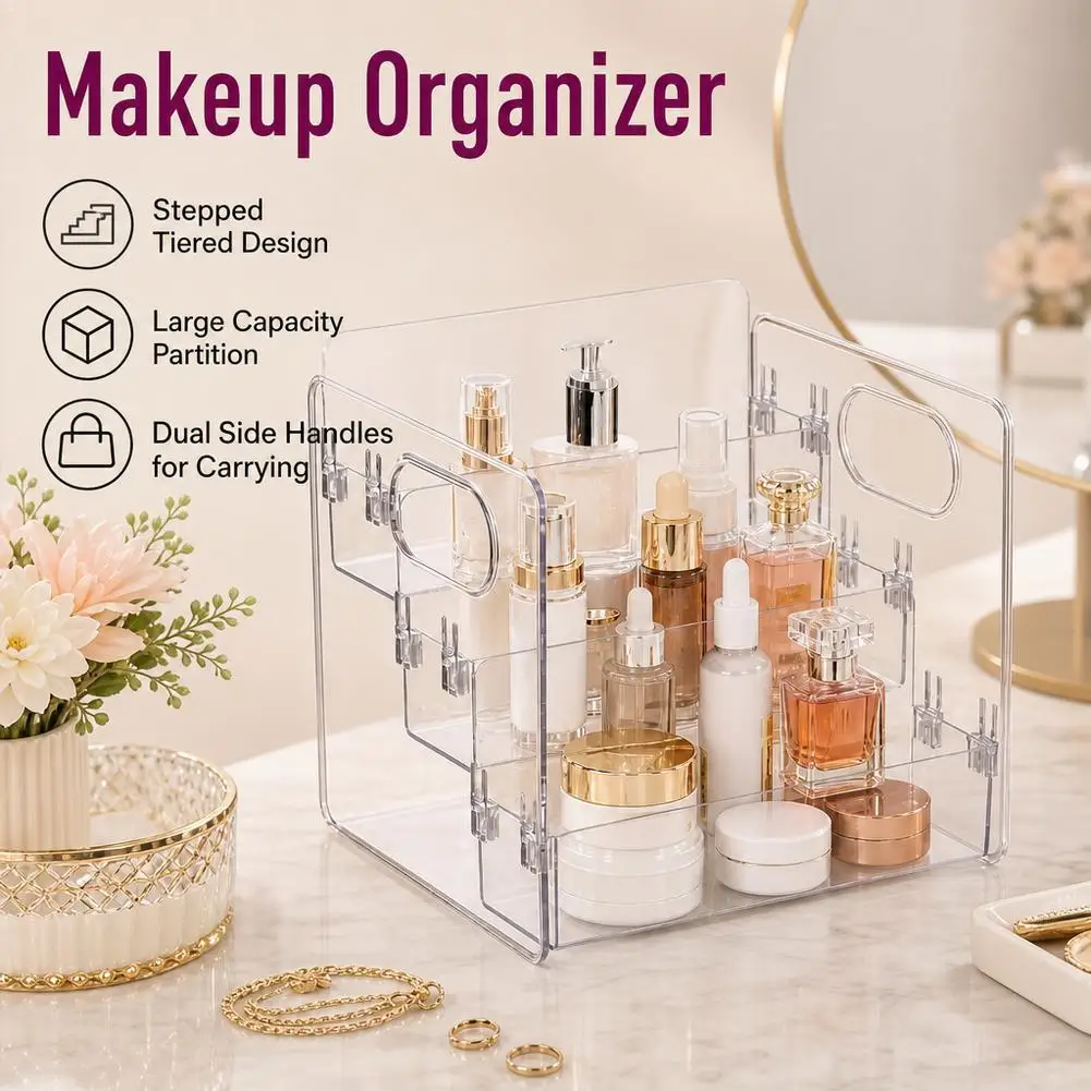 Cosmetics Desktop Storage Box, Acrylic High-Grade Dust-Proof Perfume and Skin Care Product Organizer, Three-Layer Tiered Display