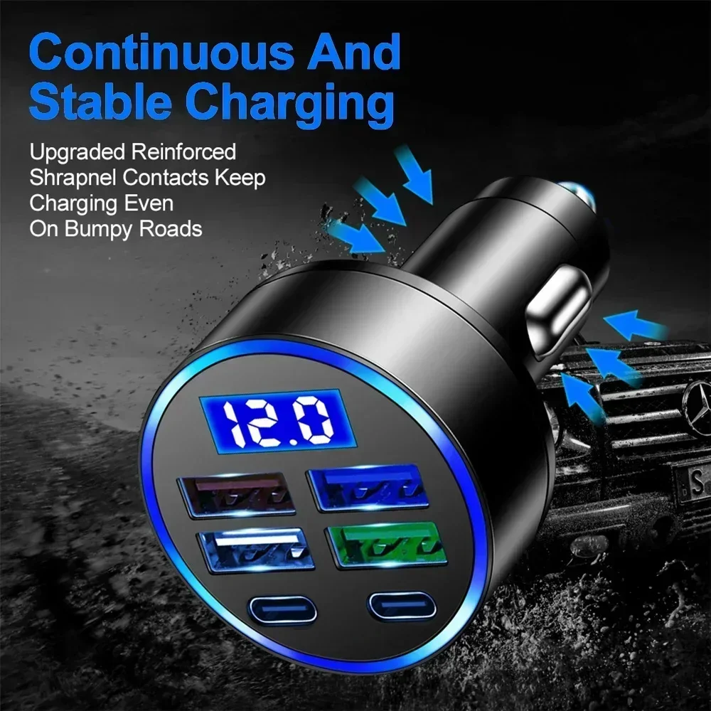 4USB QC3.0 PD Type-C Digital Display 250W Car Charger Car Power Charger 3.1A With Voltage Detection Multi-port Car Power Adapter