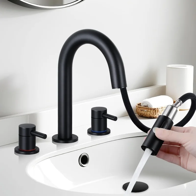 

Matte Black Bathroom Faucet 3 Hole with Pull Out Sprayer, 8 inch Widespread Bathroom Faucet with Up Drain, Bathroom Sink