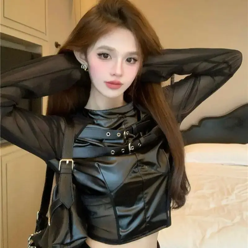 

Round Neck Pu Stitching Women'S Long Sleeves Cool Autumn Solid Color New Mesh Sexy Design High Street Patchwork Spice Girl Top