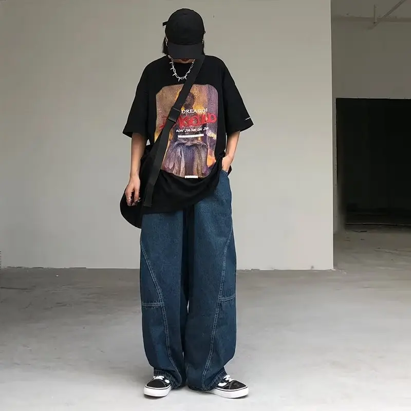 Japanese Oversized Jeans Men\'s Fashion Baggy Solid Color Casual Stitching Trousers Street Straight Harajuku Denim Pants