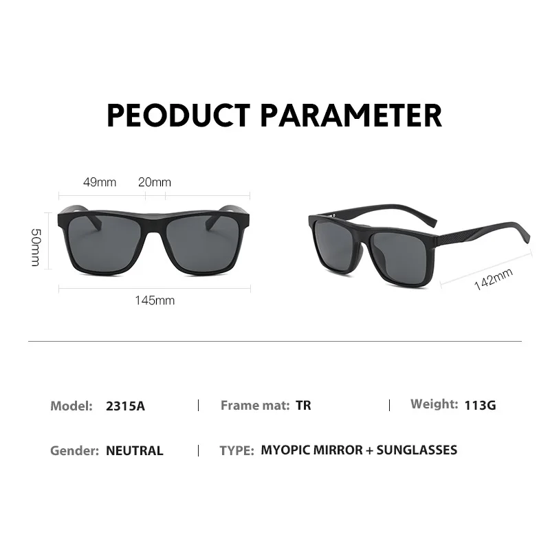 VCKA 6 In1 Polarized Myopia Sunglasses Square Magnetic Clip Polarization Men Eyewear Custom Women Glasses Frame -0.5 to -10