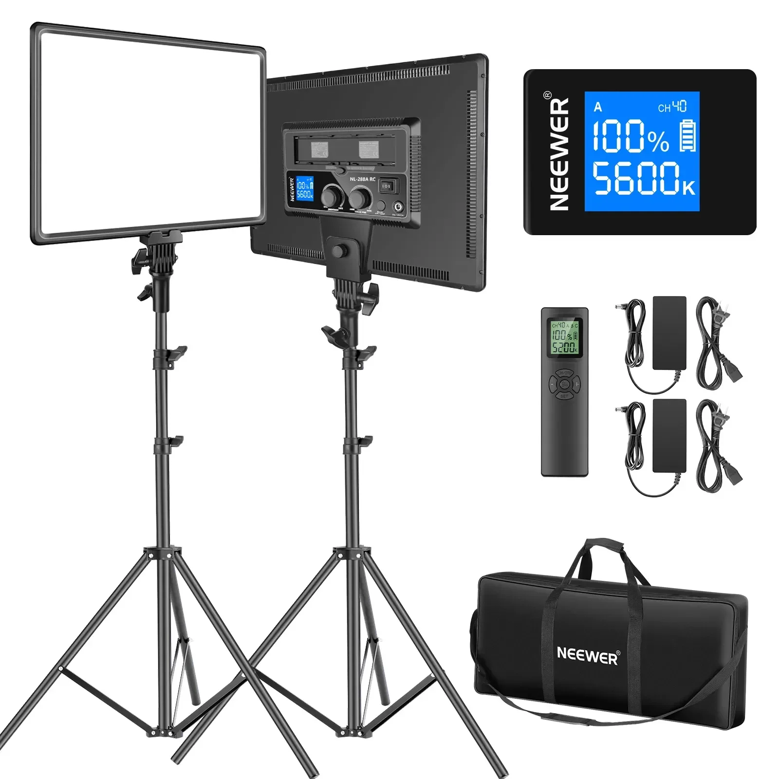 

Neewer 18" Led Video Light Panel Lighting Kit With Remote, 2-Pack 45W Dimmable Bi-Color +Light Stand, 3200K–5600K Soft Light