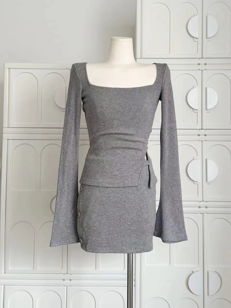 

Women's Two Piece Suit Vintage Long Sleeve T-shirt and A-Line Mini Skirt Harajuku Y2k Grey Skirt Sets 2000s Fashion Clothes 2024