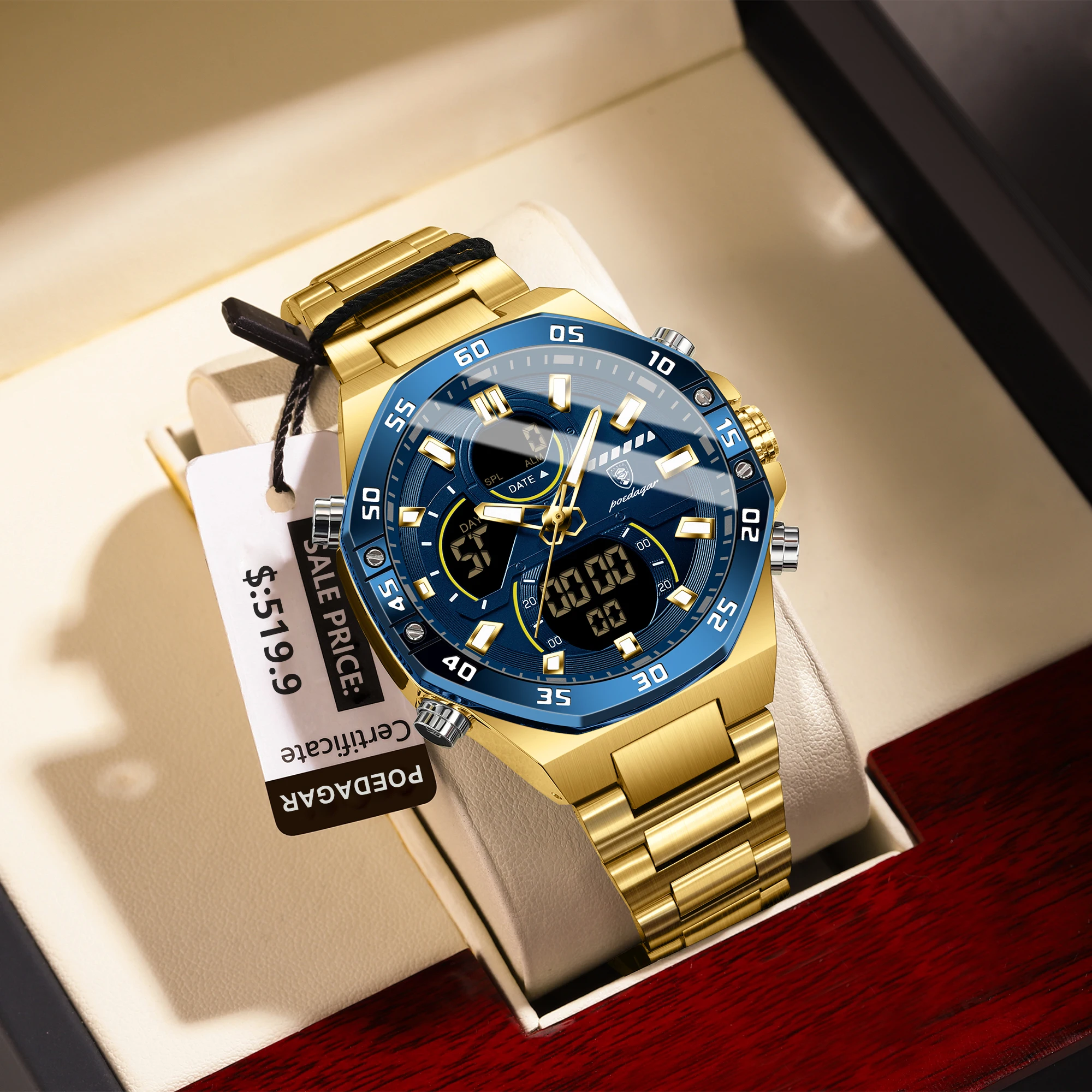 POEDAGAR Top Original Men นาฬิกา LED Luminous กันน้ําวันที่ Man นาฬิกาข้อมืออิเล็กทรอนิกส์สแตนเลสสตีลควอตซ์นาฬิกาผู้ชาย