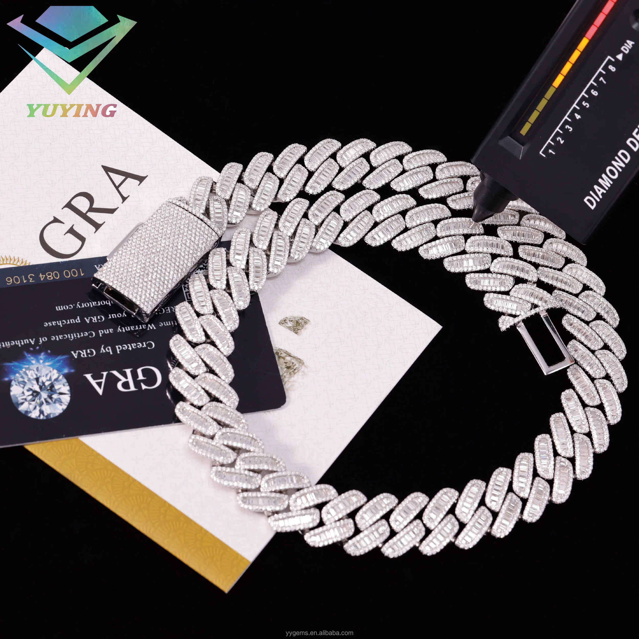 VVS .Yu Ying Baguette Moissanite Cuban Chain Necklace 18mm 925 Sterling Silver Iced Out Chain Baguette Cut Moissanite Chain