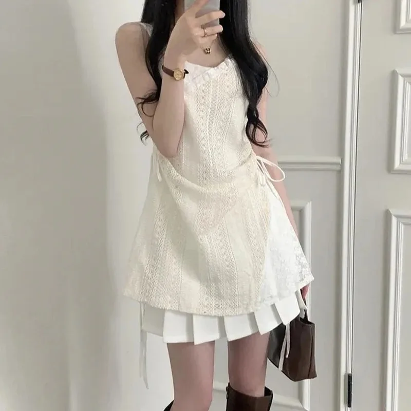 Summer Dress Women Chic French Lace Stitching Sling Shirt Stacked Gauze Knitted Dress Overskirt Inner Wear Base Short Dress