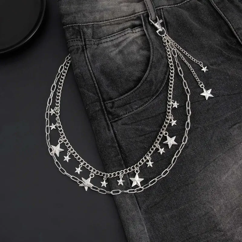 Men's Silver Multi-layer Star Pants Chain, Alloy Punk Goth Hip Hop Waist Chain for Jeans Trousers Streetwear