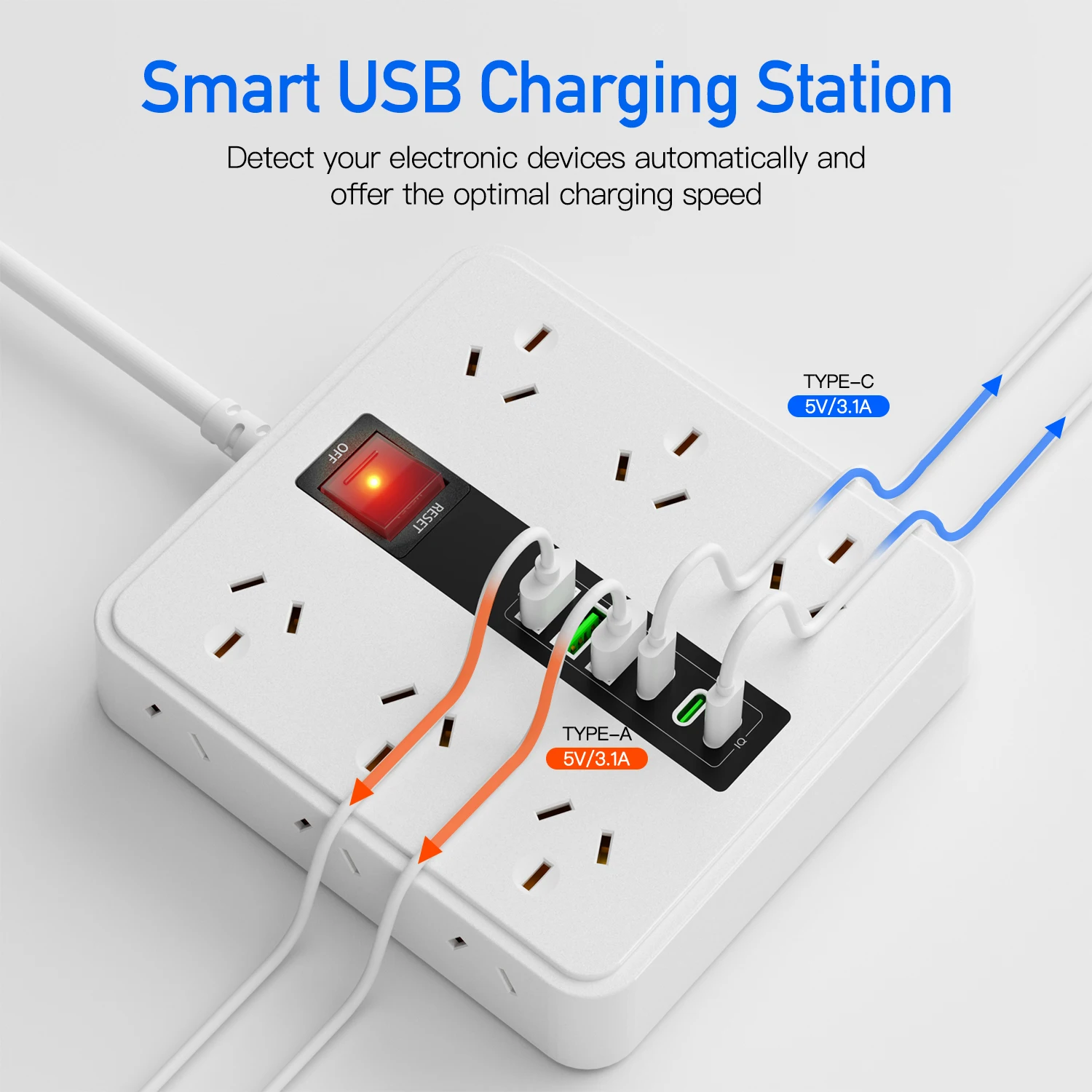 Australian Plug Power Board 6/12 Power Sockets 6 USB (3A+3C) Smart Charging Overload Protection Switch 1.8M Extension Cable