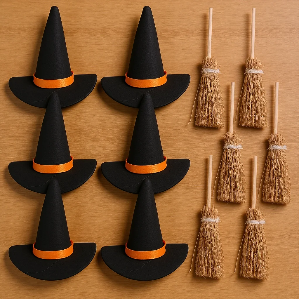 

6Set Hats Broom Felt Wood Craft DIY Halloween Decor Party Supplies Decoration Miniature Witch Hat Set