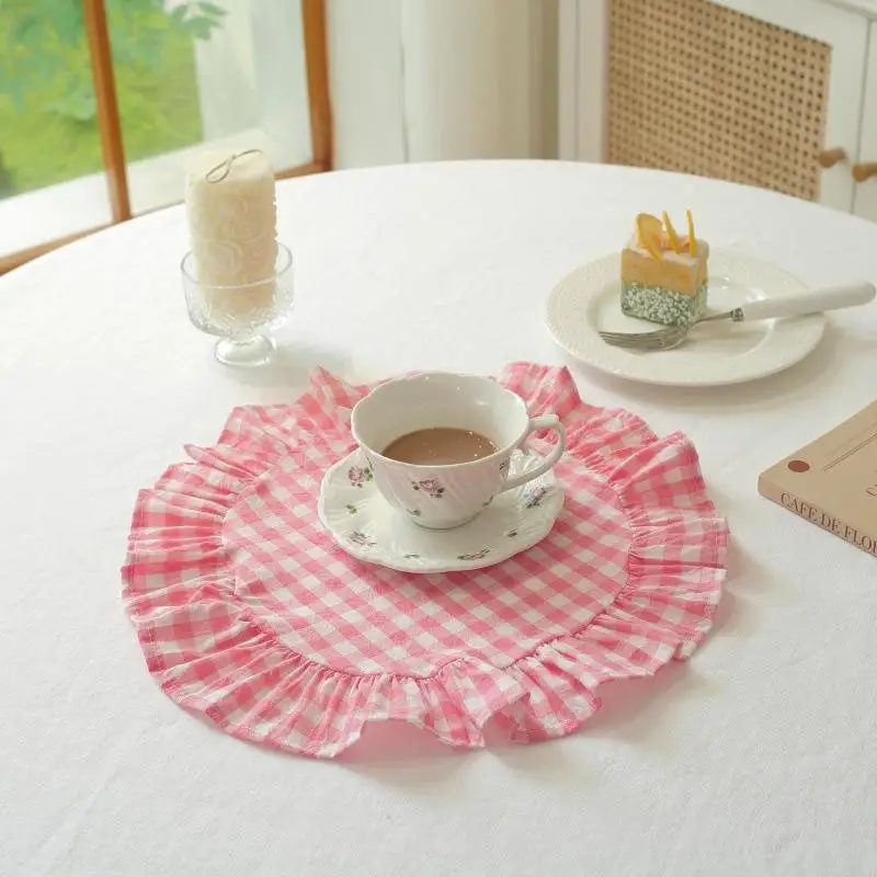 ~Round Blue Yellow Gingham Placemats Red Grid Checkered Placemats With Ruffle Picnic Party Supplies Buffalo Plaid Table Mat