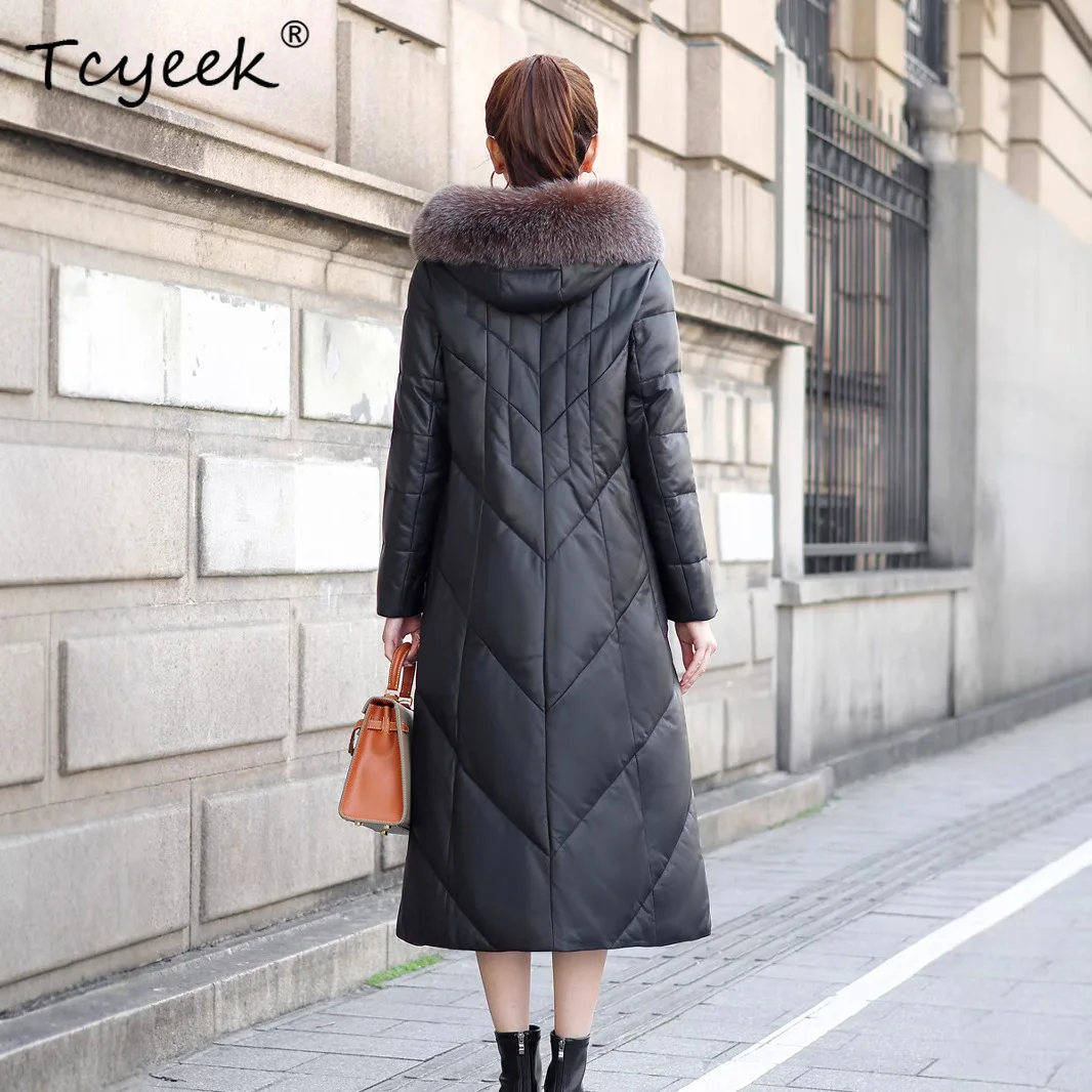 Tcyeek 리얼 양가죽 화이트 덕다운 가을 겨울 고급 후드 롱 여성용 천연 가죽 재킷