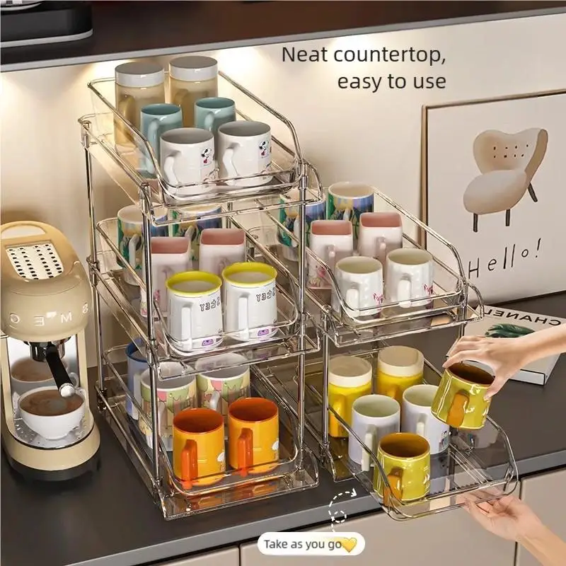 Cup Storage Rack Kitchen Cabinet Bar Double Tea Set Mug Holder Multifunctional Sundry Organization Countertop Pull Out Shelf