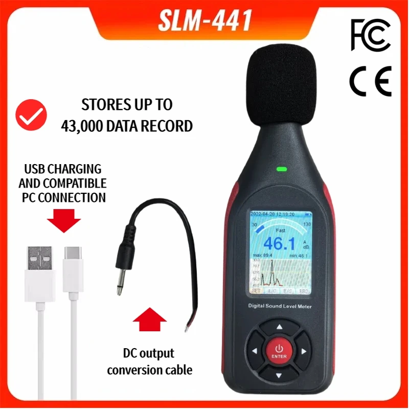 Medidor de nivel de sonido profesional Registrador de datos Almacenamiento de 43000 puntos Alcance de 30-130 dB Precisión ± 1.5 dB con salida CC para uso industrial