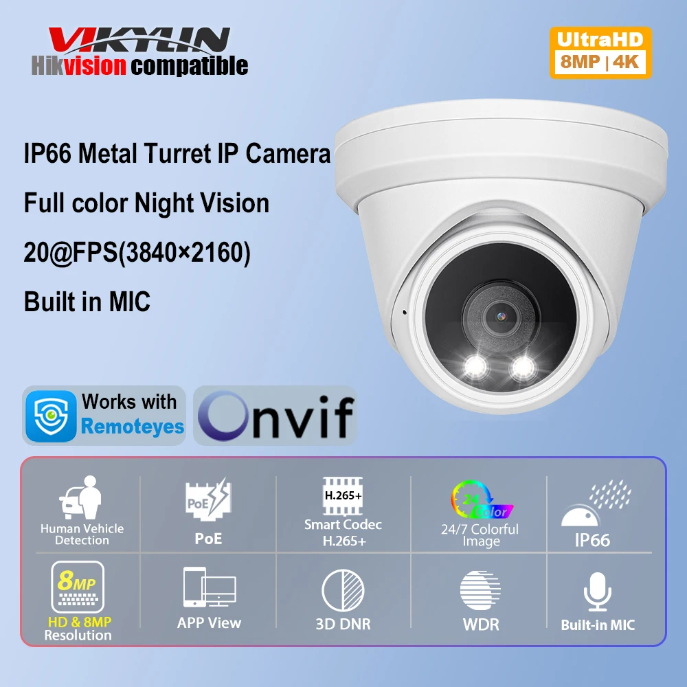 VIKYLIN Hikvision Compatible Full Color 8MP Turret IP Camera People Car Detection Outdoor Security Video Surveillance POE Camera