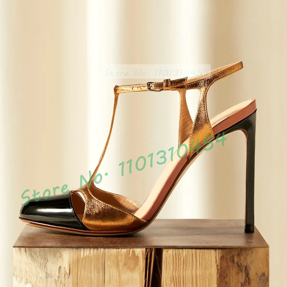 صندل نسائي بنغمتين على شكل T ، بمقدمة مستديرة ، كعب خنجر عالي ، أحذية نسائية ، ربط ، ذهب ، فاخر ، عمل ، صيف ، موضة #3