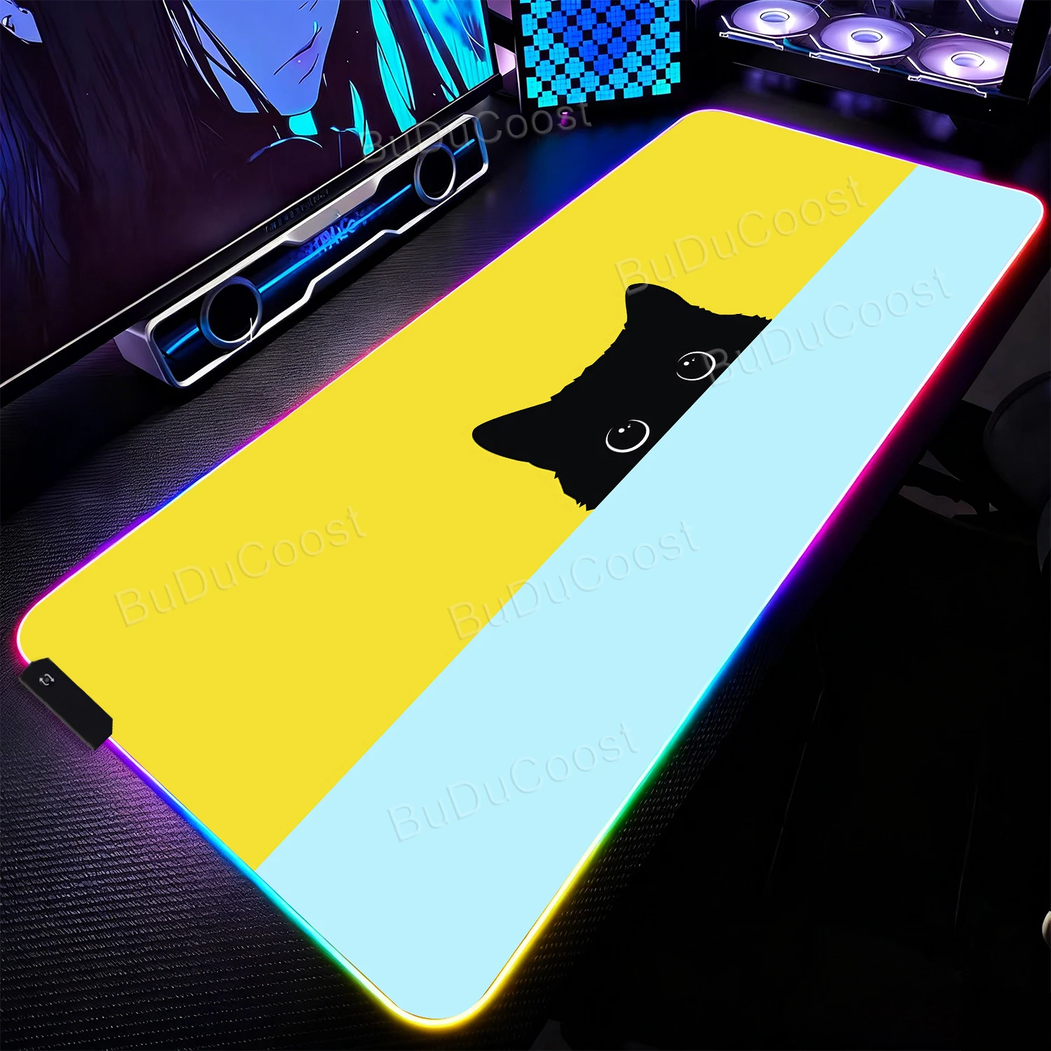 

Large RGB Mousepad Cute Black Cat Pattern Gamer Mousepads LED Gaming Mousepad Big Luminous Desk Pad Desk Mats Backlit Mouse Pads