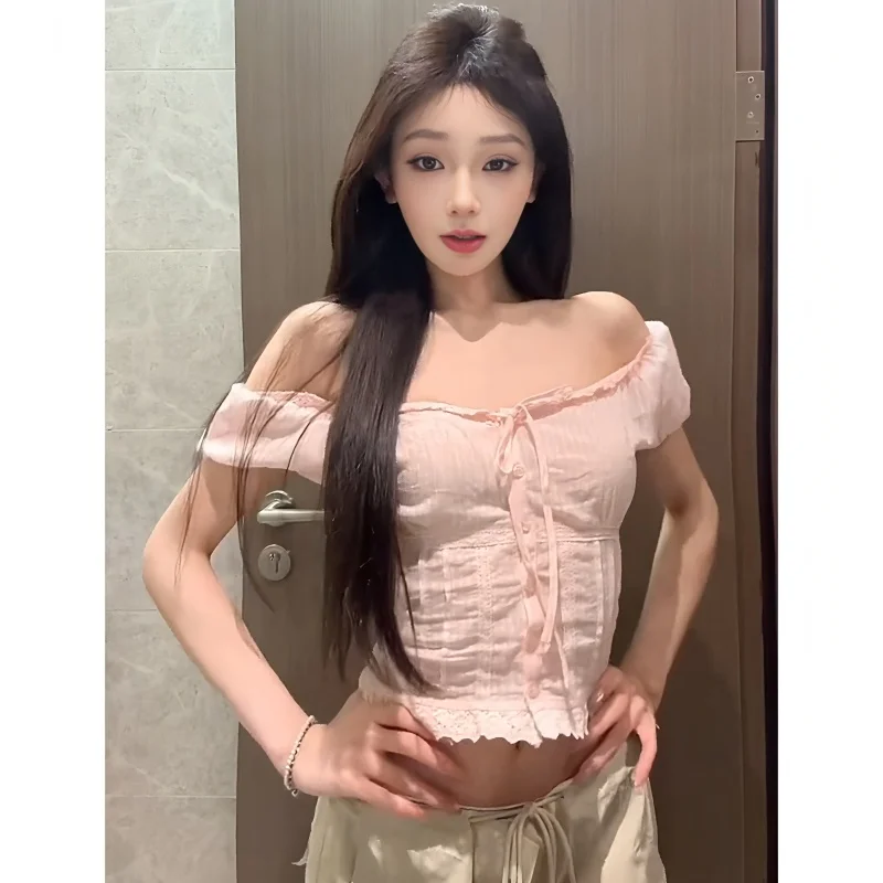 Pure Desire dentelle épissure ort Sve irt femmes été Super belle taille plissée ort oulder Bared haut doux Sle