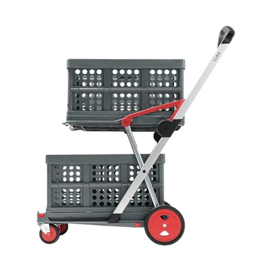 

Multi Use Functional Collapsible Carts for Shopping, Storage and Mobile Transport Steel Frame with Red Plastic Crates Lightweig