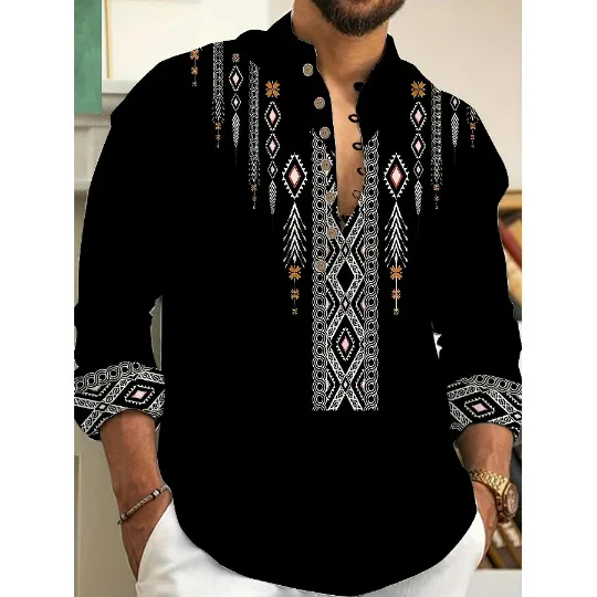 

Men's Casual Thin Long Sve irt Stand Collar Trendy Print Summer New Sle Loose Fit Polyester Youth Autumn Faion