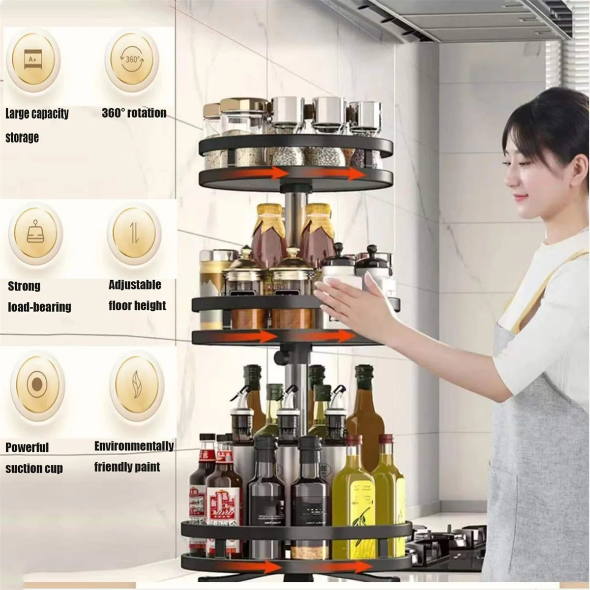 Kitchen Storage Tray | 360° Rotating Carbon Steel Lazy Susan, Non-Slip Spice Rack Organizer for Seasoning Bottles and Cans
