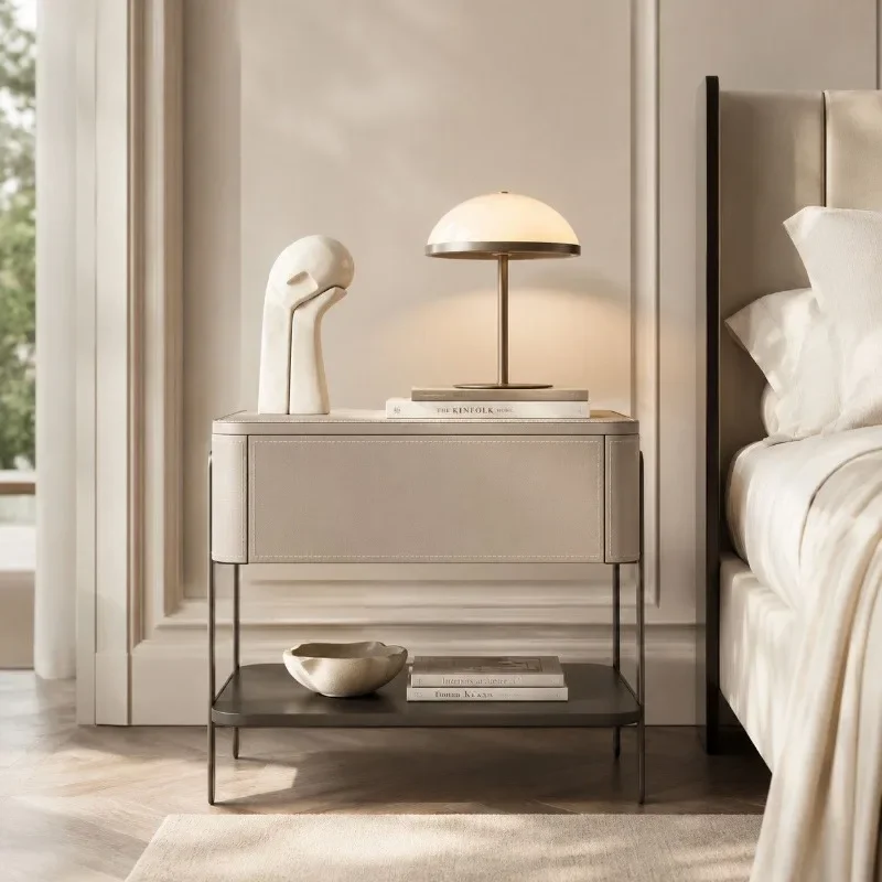 Modern Luxury Stitched Leather Nightstand Single Open Bottom Storage Rounded Corner Minimalist Bedroom Sofa Side Accent Cabine