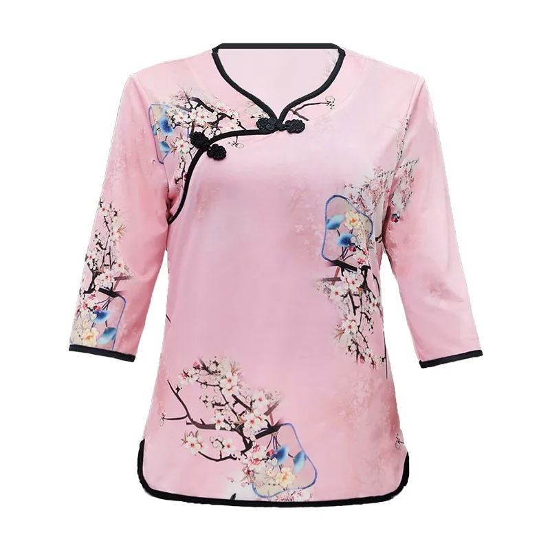 Vintage Women Summer Half Sleeve Shirts Retro Buckle Pullovers Female Clothes Casual Blouse Asian Style top