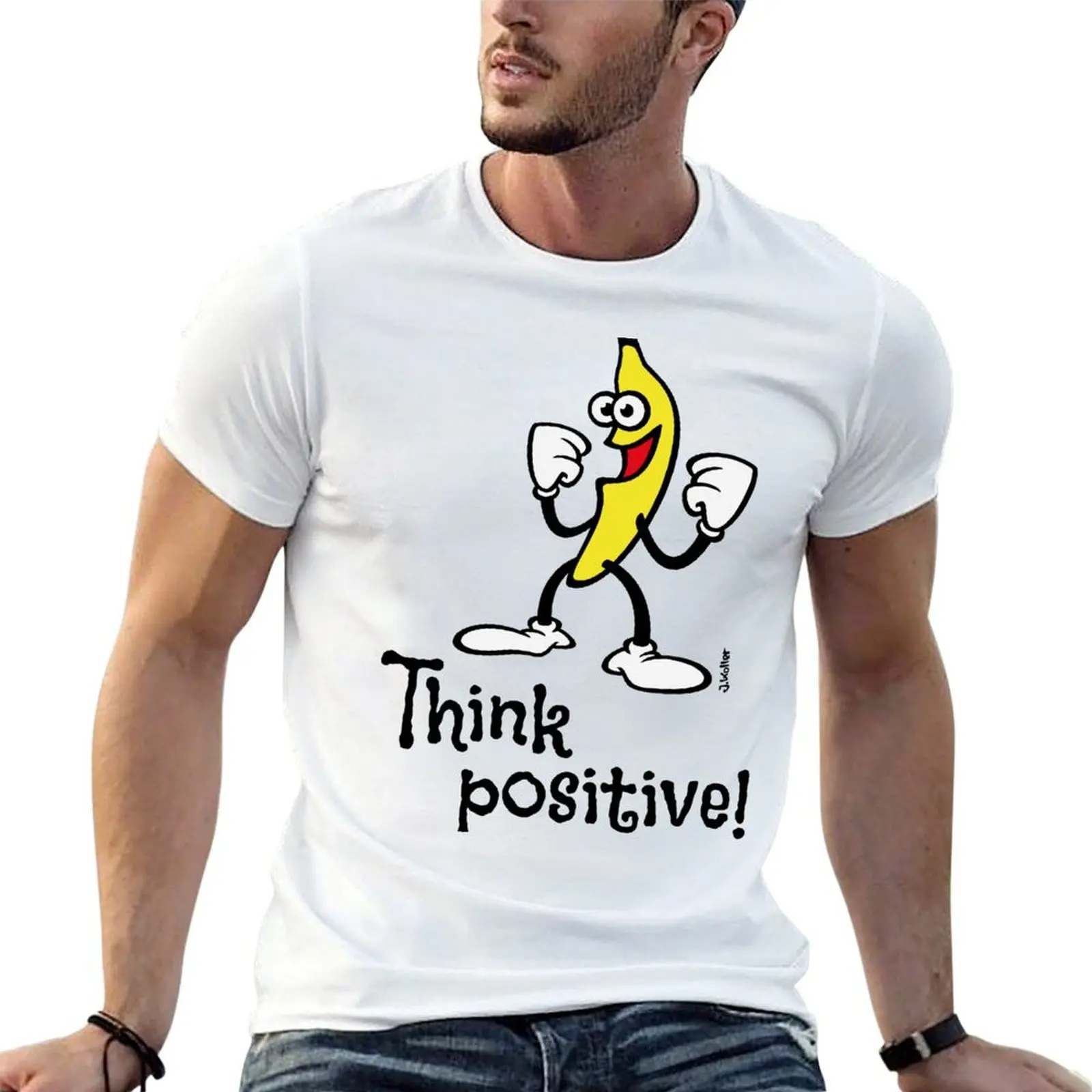 Think Positive! (Happy Banana / Slogan / Comic / 4C POS) T-Shirt Funny t-shirt sublime men graphic t shirts