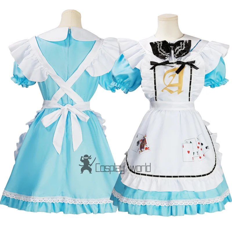 할로윈 여성 성인 애니메이션 앨리스 어드벤처 블루 파티 드레스 앨리스 카드 놀이 메이드 복장 로리타 코스프레 의상