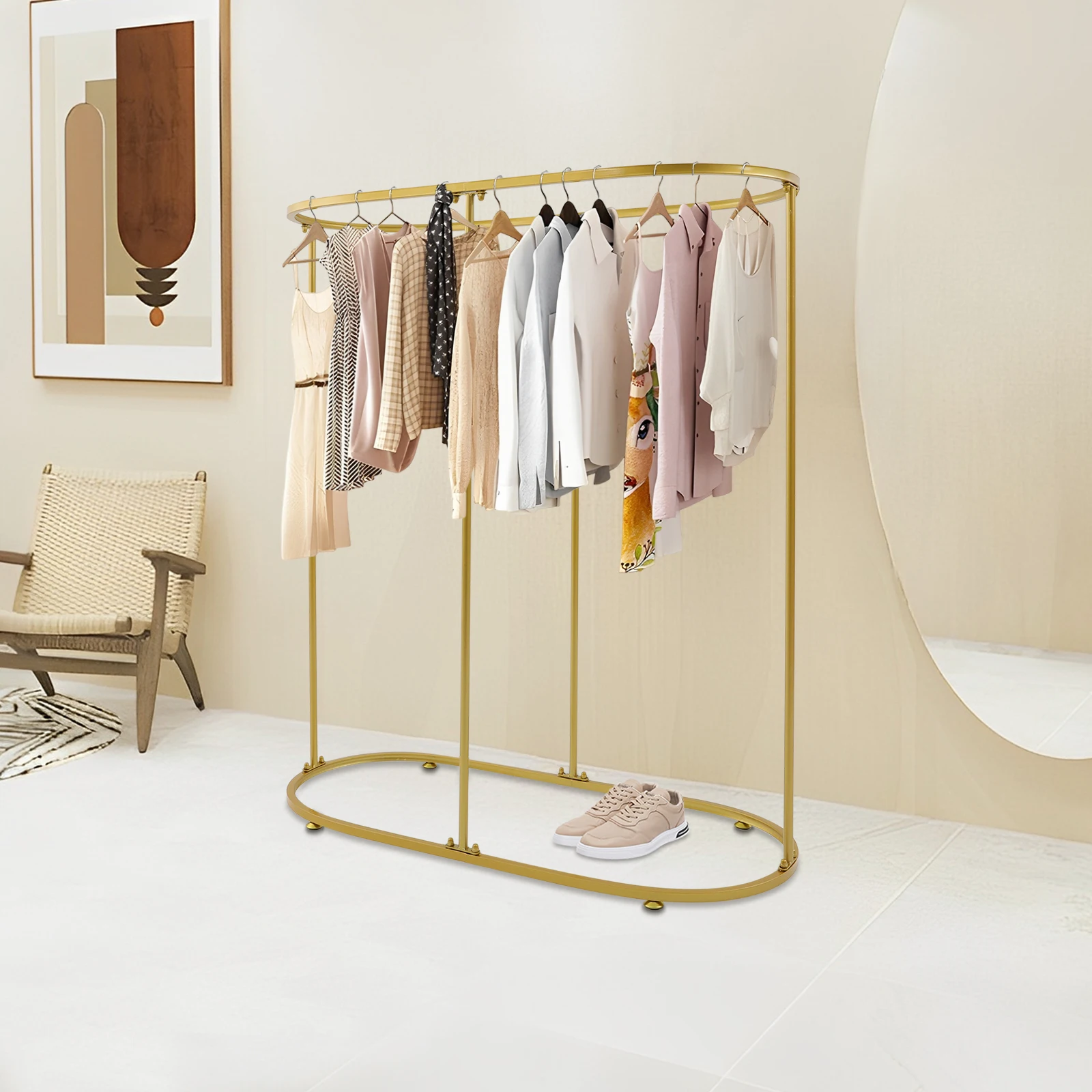 

Gold Commercial Oval Iron Floor Standing Garment Rack For Bedroom & Boutique Store Display Space-saving