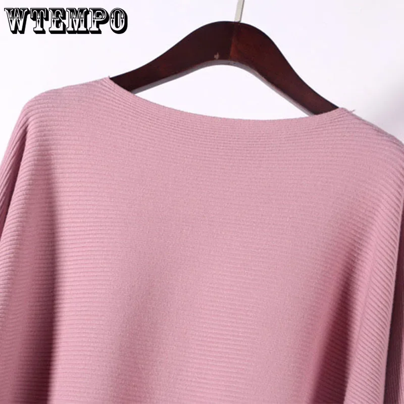 Purple Bat Sleeves Pullover Slash Neck Sweater Knitted Coat Women\'s Loose Short Top Knitwear Jumper Commuting Spring Autumn