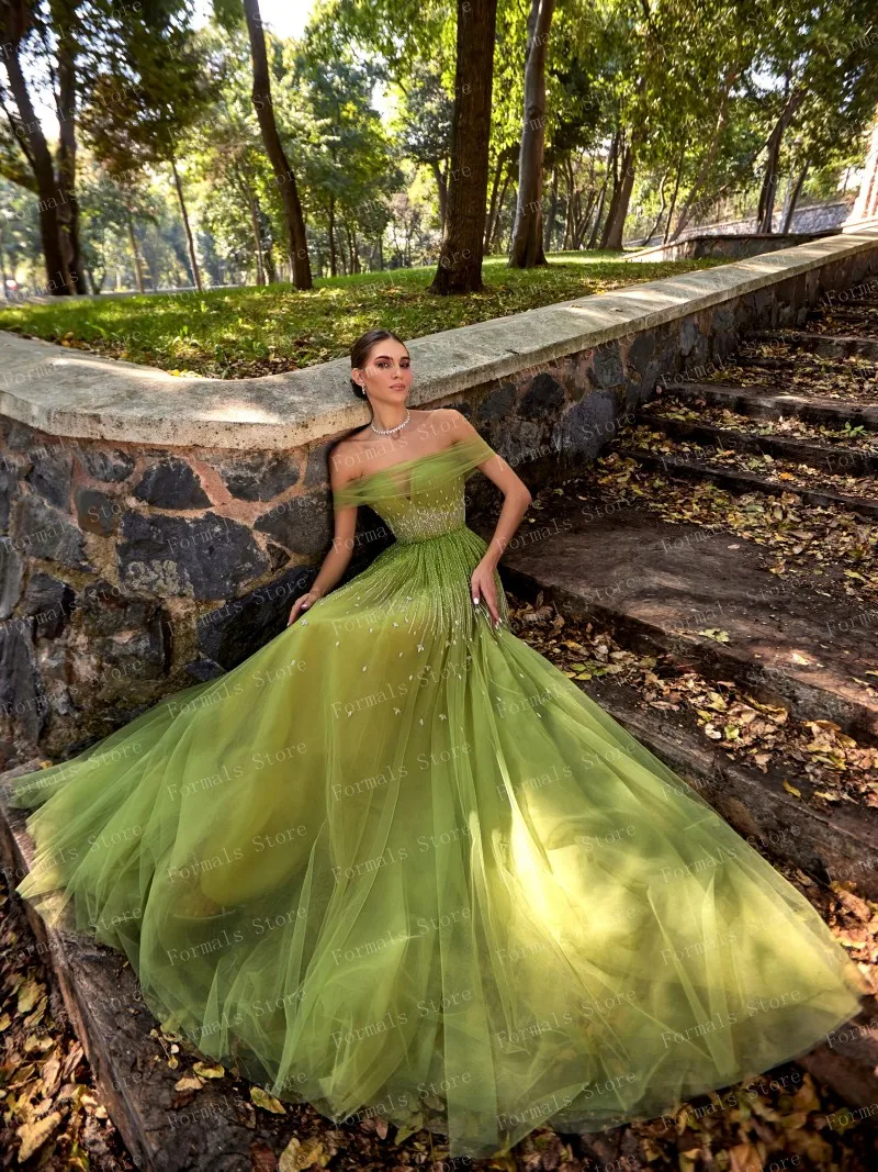 Vestido de noche verde sin hombros para mujer, ropa elegante de lujo con cuentas de cristales, longitud hasta el suelo, Tallas grandes