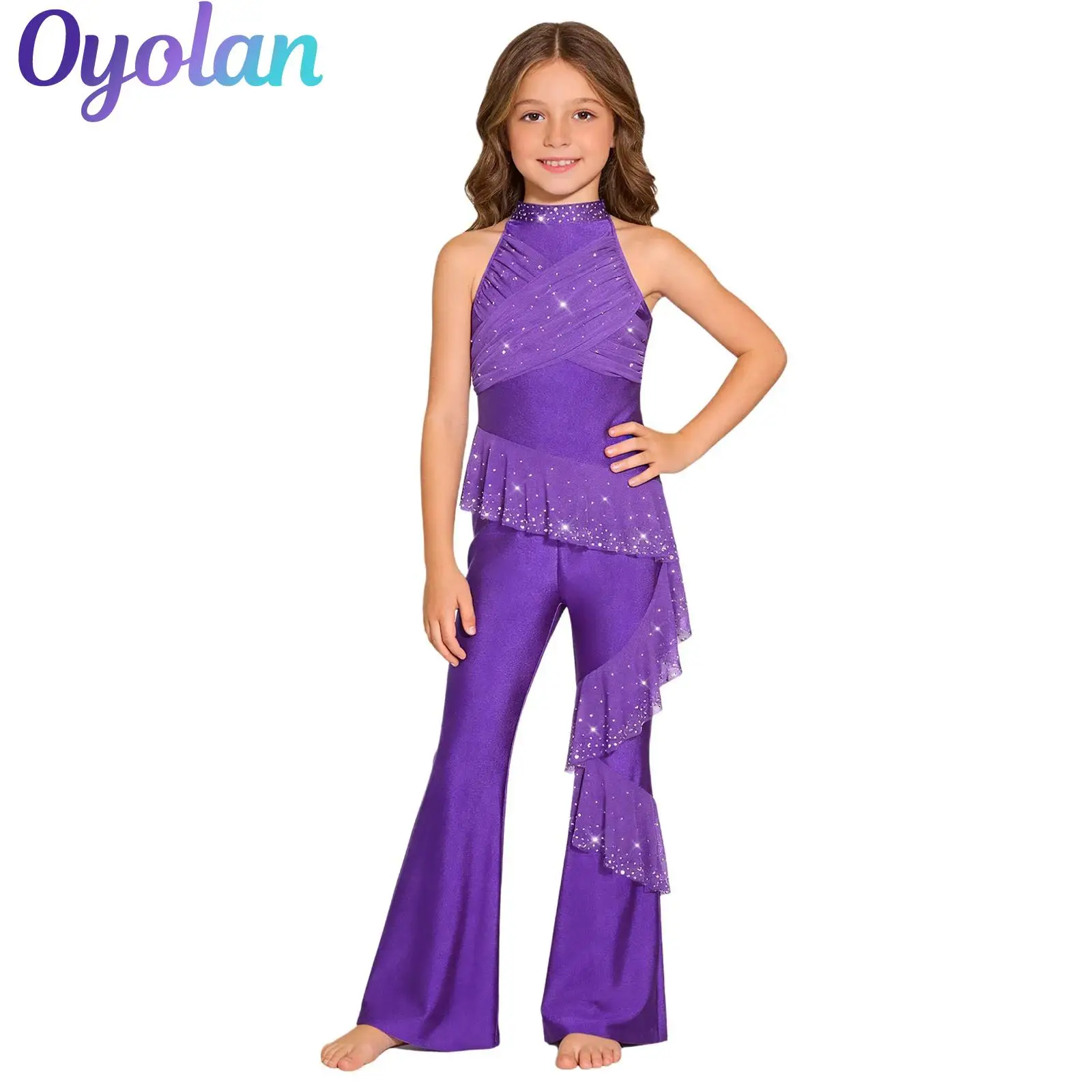 

Kids Girls Sparkling Rhinestones Jazz Waltz Tango Tap Dance Performance Costume Ruched Ruffles Bell-Bottom Disco Jumpsuit