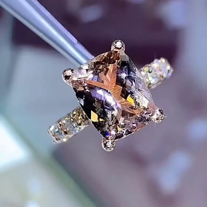  Simulated Moissanite Ring for Women Champagne Diamond Micro-Paved Square Fashionable Jewelry Accessories