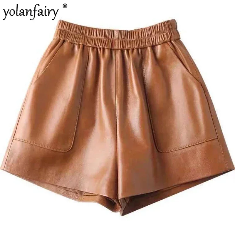 Autumn New Shorts for Women High Waist Elastic Sheepskin Genuine Leather Short Femme Pants Wide Leg Pants Womens Shorts FCY5392