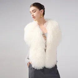Fluffy Luxury Real Mongolian Fur Halter Vests Women Solid Deep V-Neck Backless Bandage Sleeveless Jackets Top Outerwear Coat