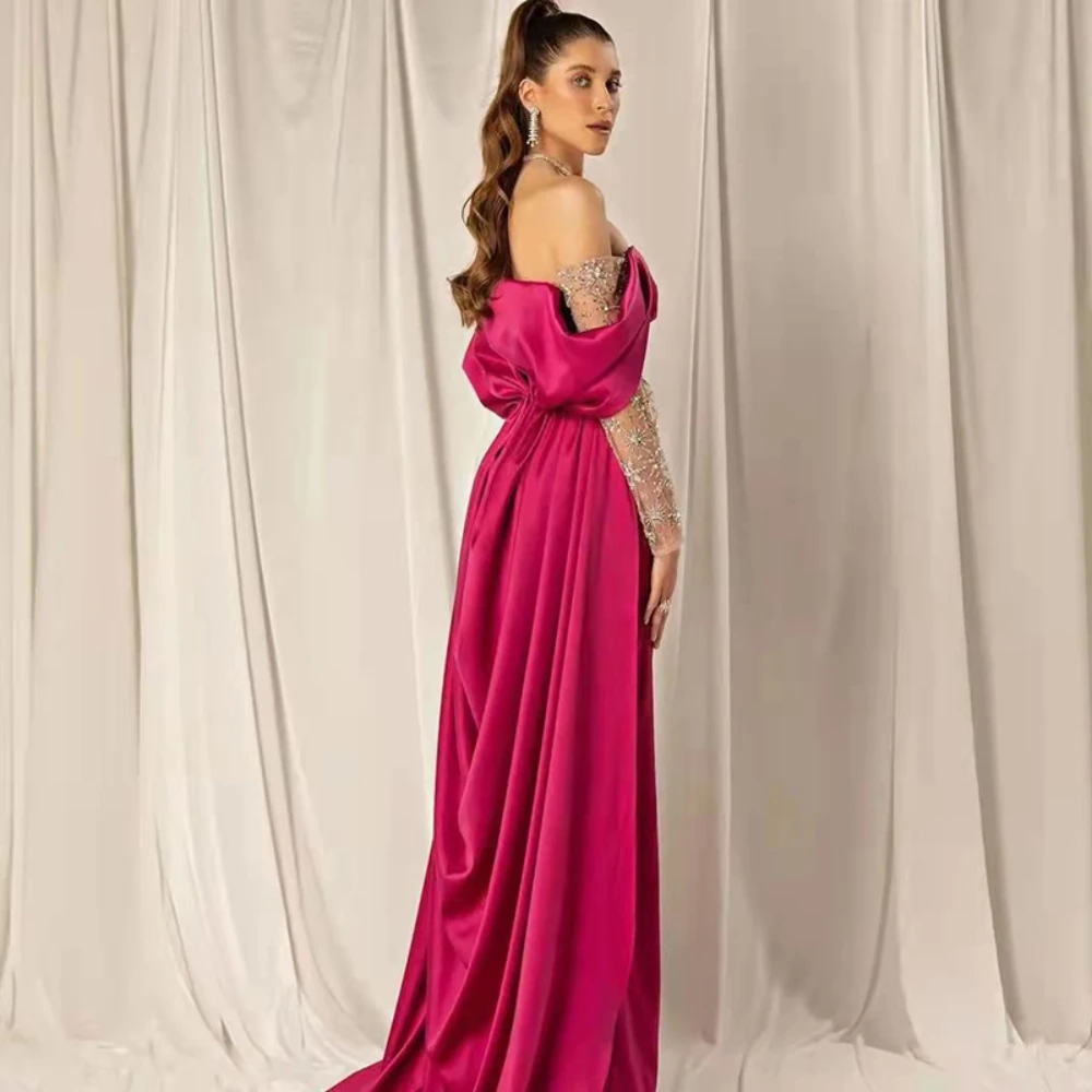 Elegante vestido de noite sem ombro feminino, manga comprida, vestido de baile formal, conta árabe elegante, roxo e vermelho, moda casamento, 2024