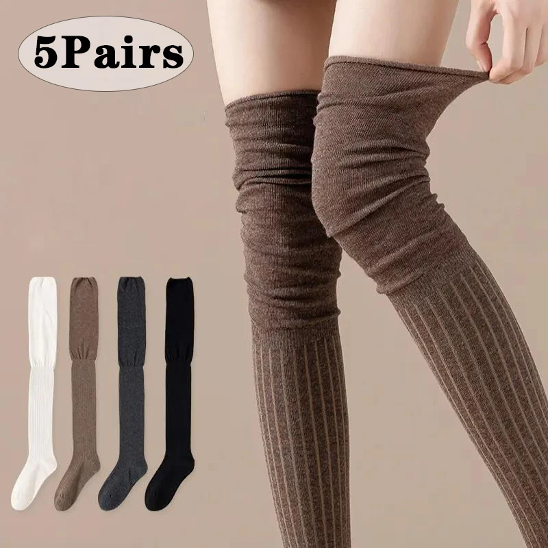 

1/3/5Pairs Knee High Socks Thin Long Stacked Socks Women's High Solid Colour Patchwork Socks High Elasticity Stockings