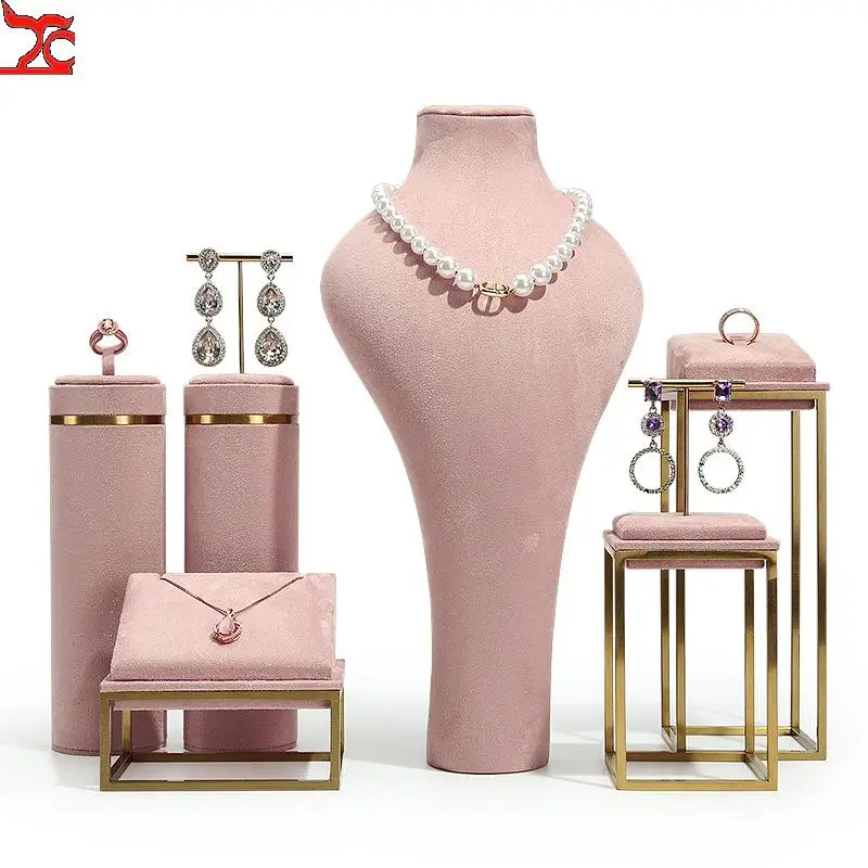 

Pink Velvet Jewelry Display Stand Metal Rack Jewelry Exhibition Earrings Necklace Display Props Set Model Showcase