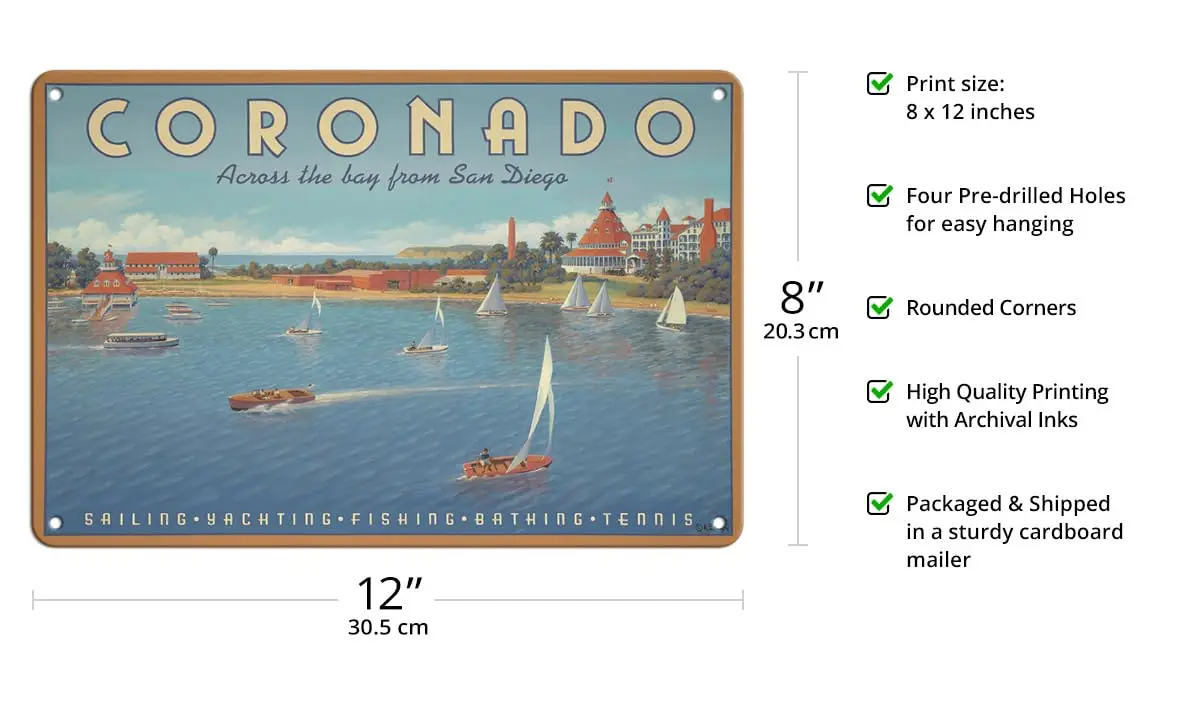 Coronado Island California - Across the Bay from San Diego - Hotel Del Coronado - Sailing - Vintage Travel Poster by Kerne Erick