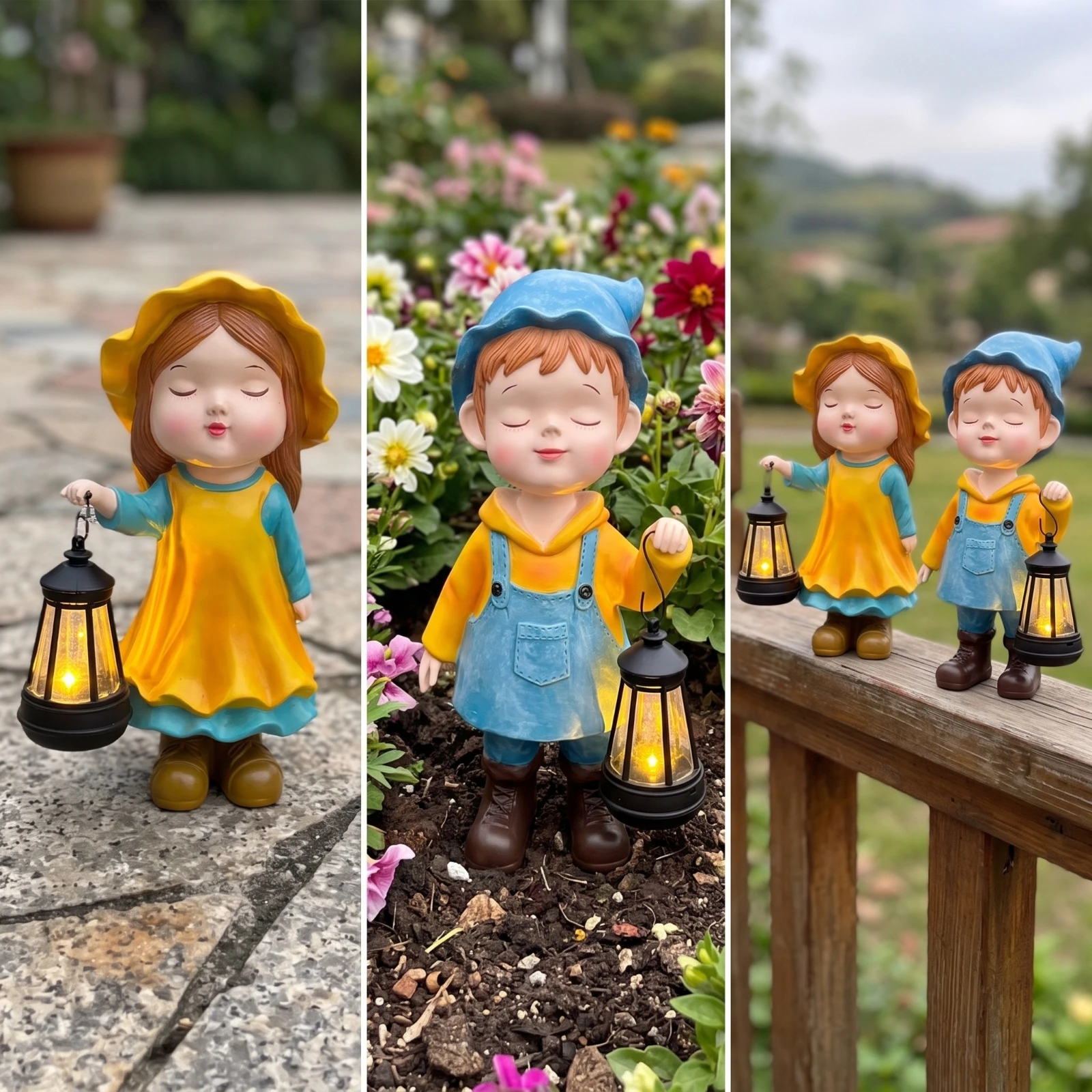 Child Statue with Lantern Hand-Painted Solar Statue with Lantern Garden Figurine with Light Indoor-Outdoor Lawn Ornament Cute view 6