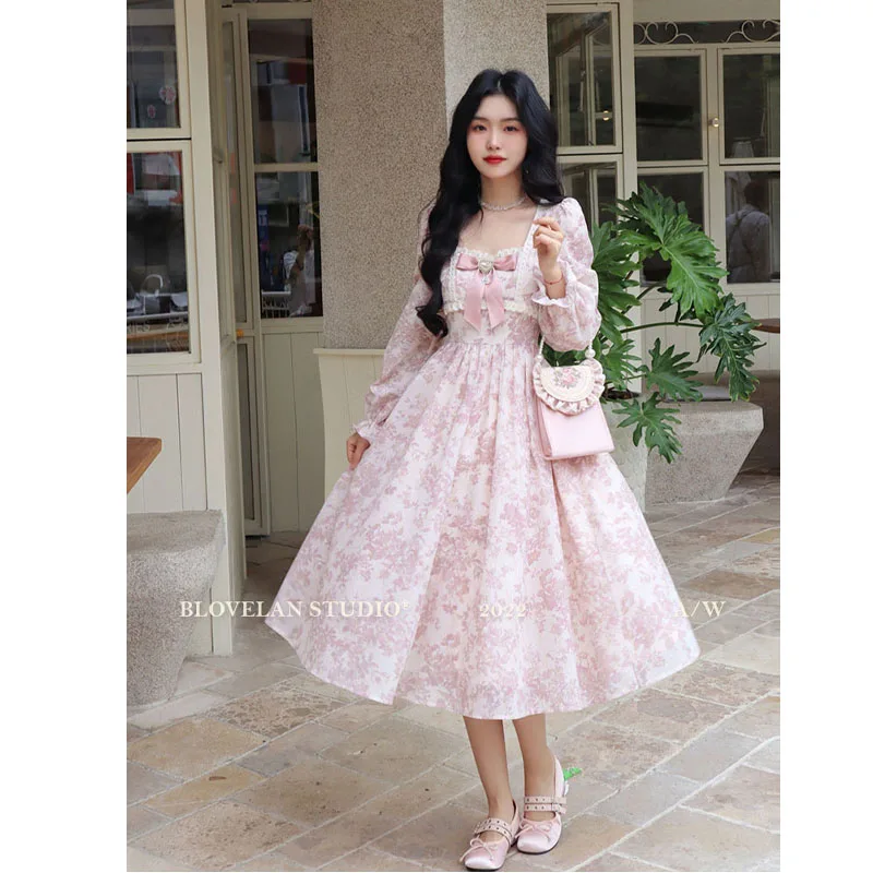 Spring New Super Immortal Forest System Tender French Sweet Printing Gilding Women High Waist Square Neck Patchwork Lace Dress