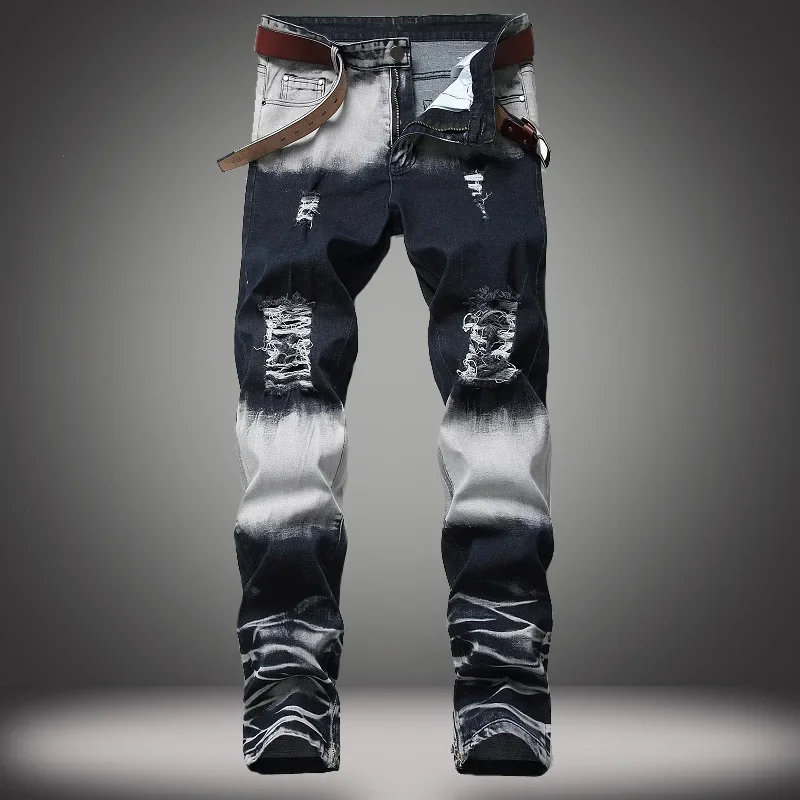 Men's New Zippered Ripped Jeans (without Belt) High Street Motorcycle Straight Slim Fit Casual Fashion Denim Trousers Male