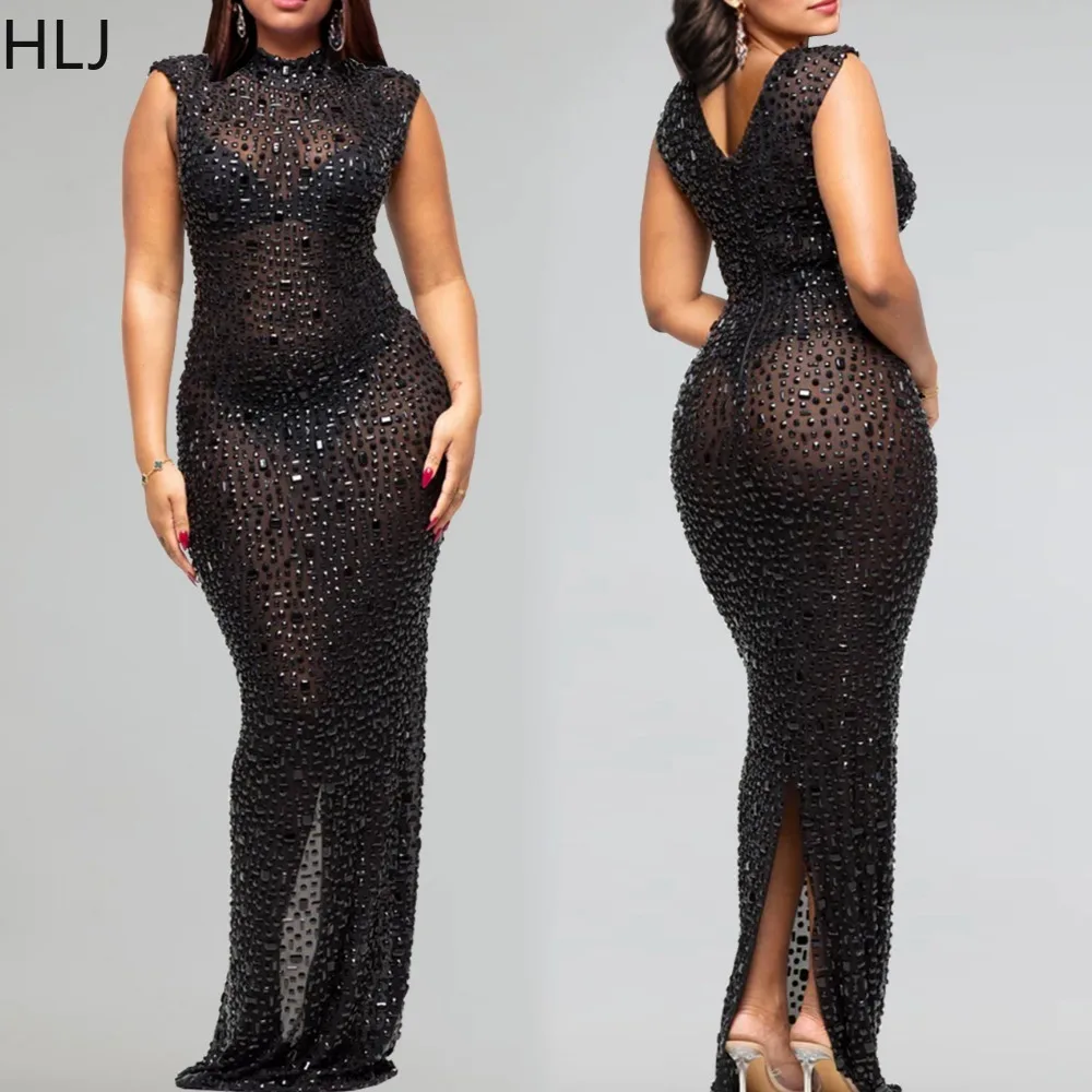 

HLJ Fashion Luxury Rhinestones Mesh See Though Bodycon Long Dress Women O Neck Sleeveless Slim Vestidos Sexy Party Club Clothing