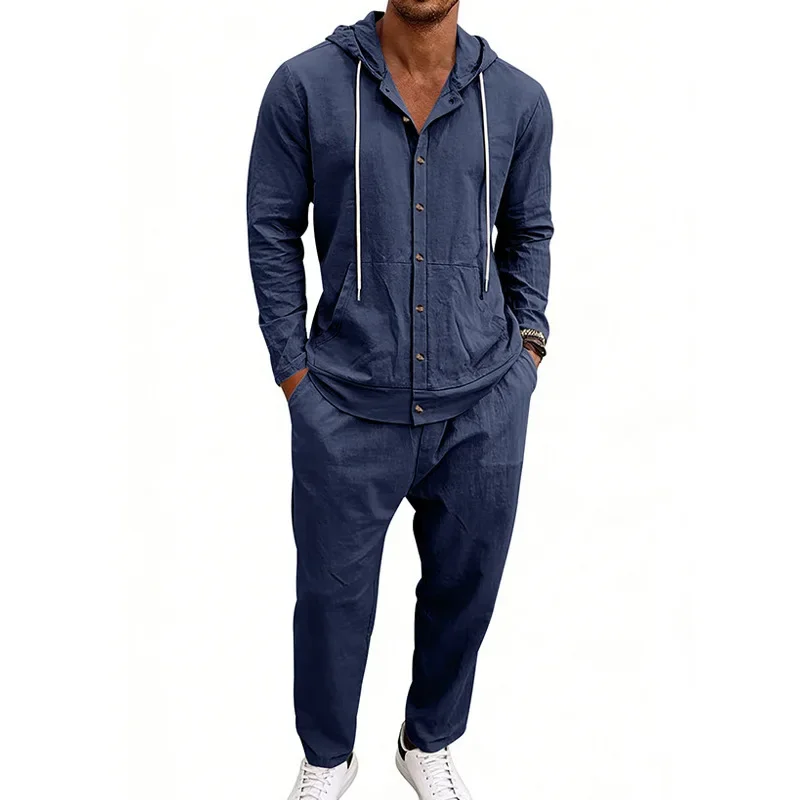 Men's Linen 2 Pieces Set Casual Loose Solid Color Hooded Top Straight Pants Outfit Vintage Breathable Outdoor Daily Wear Tracksu