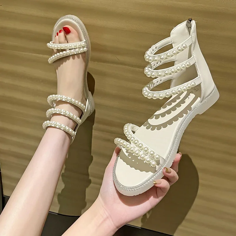 Pearl Strap 2022 New Summer Shallow Mouth Leaky Toe Zipper Decorative Flat Sandals Women Beaded Party Dress Solid Sandals