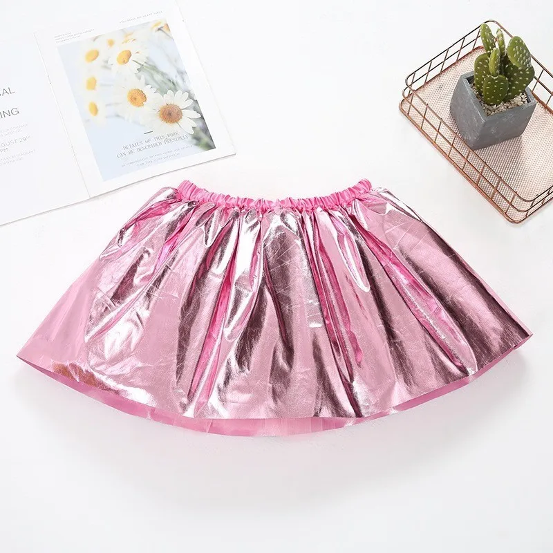 Fashion Baby Girl Shiny PU Leather Pleated Skirt Toddler Child Leather Skirt Black Silver Golden Pink Party Baby Clothes 3-7Y