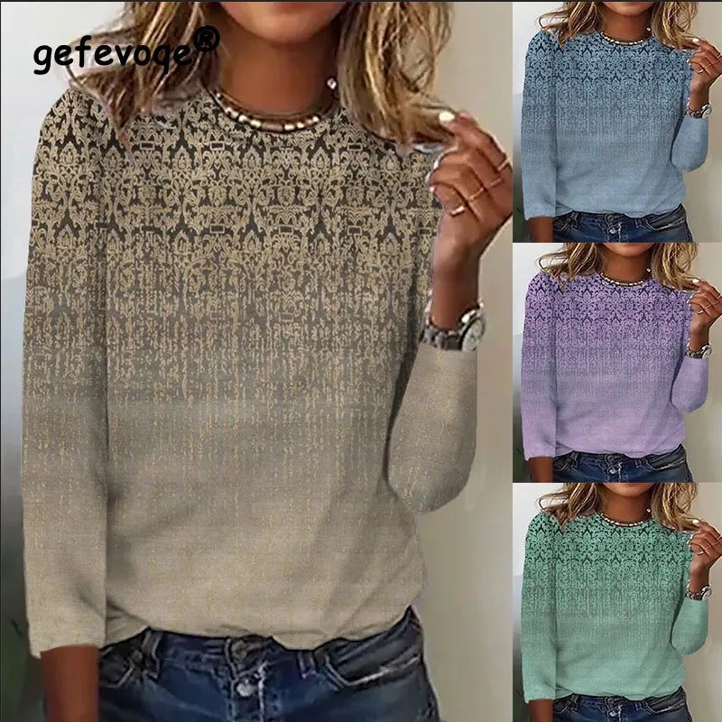 2023 Autumn and Winter Women's New Fashion Round Neck Casual Comfort Underlay Long Sleeve Flower Mang Printing Versatile T-shirt